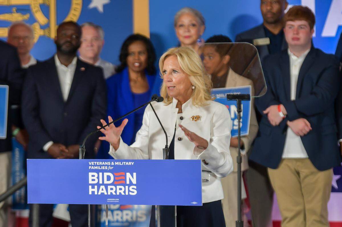 First Lady Jill Biden made a 10-minute speech in Columbus Monday, criticizing former President Donald Trump and emphasizing her husband’s support for veterans. The first lady visited Georgia and, along with veterans and military families, gave a speech at the Bibb Mill Event Center to a crowd of supporters.