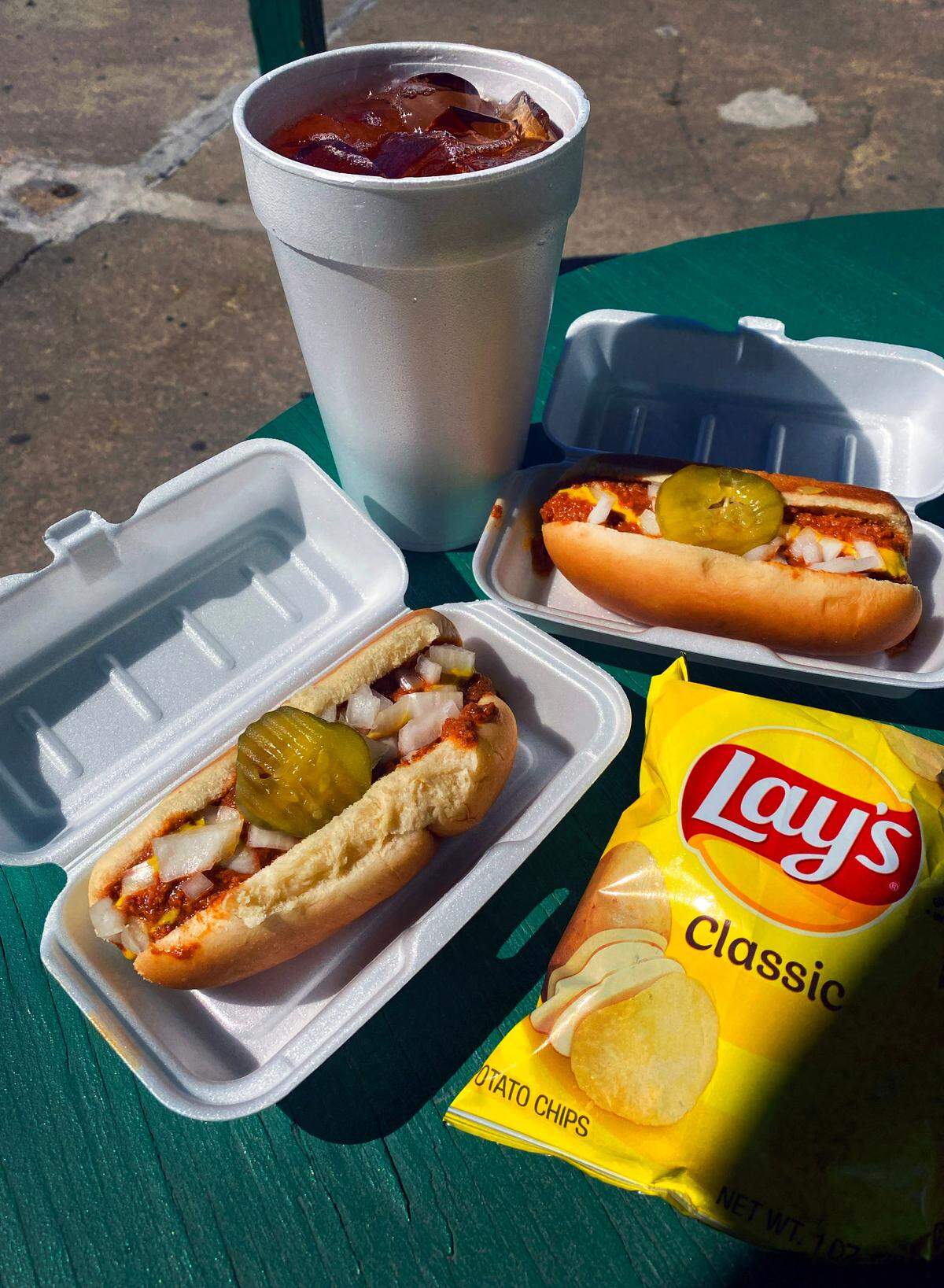 This combo meal at World Famous Hot Dogs, located at 2616 Hamilton Rd. in Columbus, Georgia, includes two World Famous hot dogs, a bag of chips and a drink. 10/18/2023