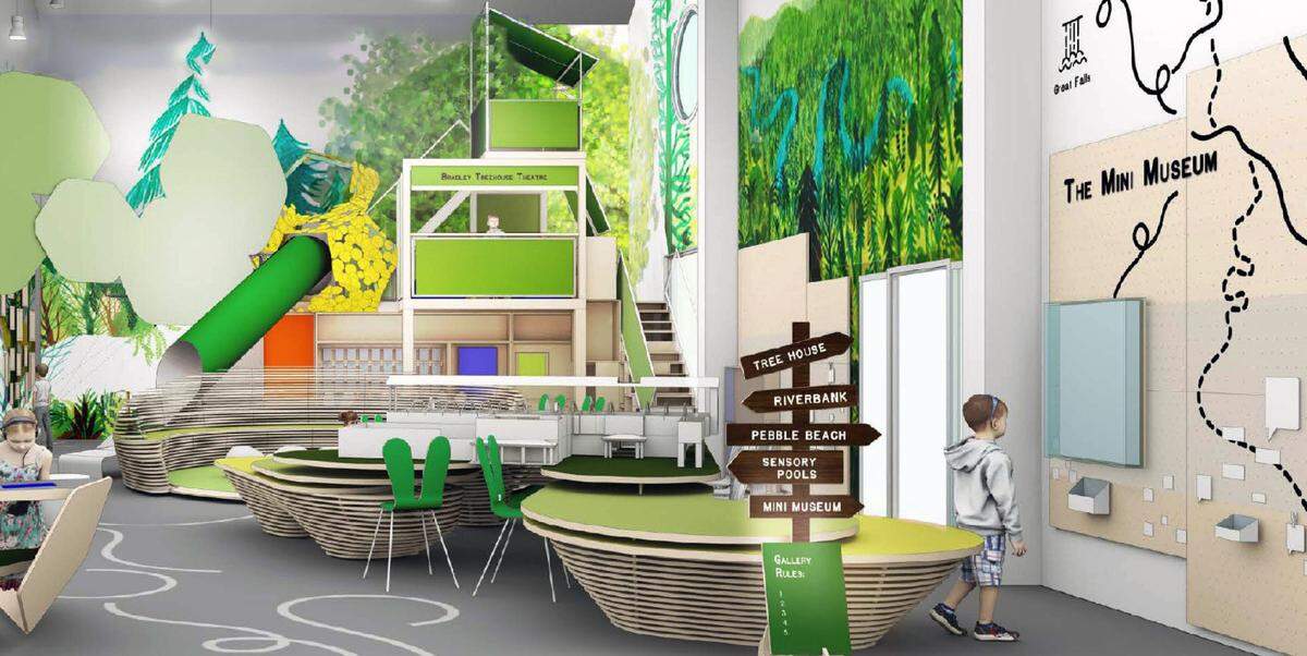 This artist’s rendering depicts a reimagined a new and expanded Children’s Gallery, next to the museum’s front entrance.