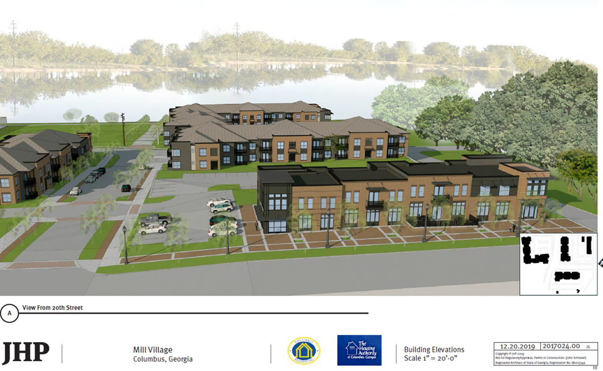 A rendering shows a tentative design for the four buildings that will make up the new Mill Village housing project, which is set to replace Chase Homes.