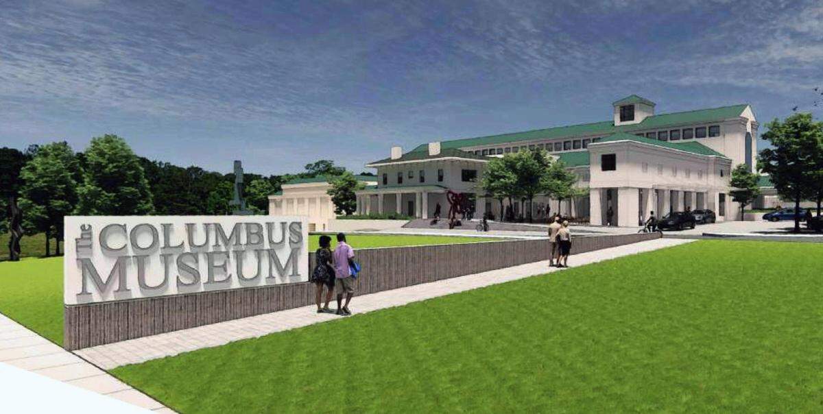 This artist’s rendering depicts a reimagined look to the museum’s landscaping, highlighting the removal of the berm that limits visibility from Wynnton Road.