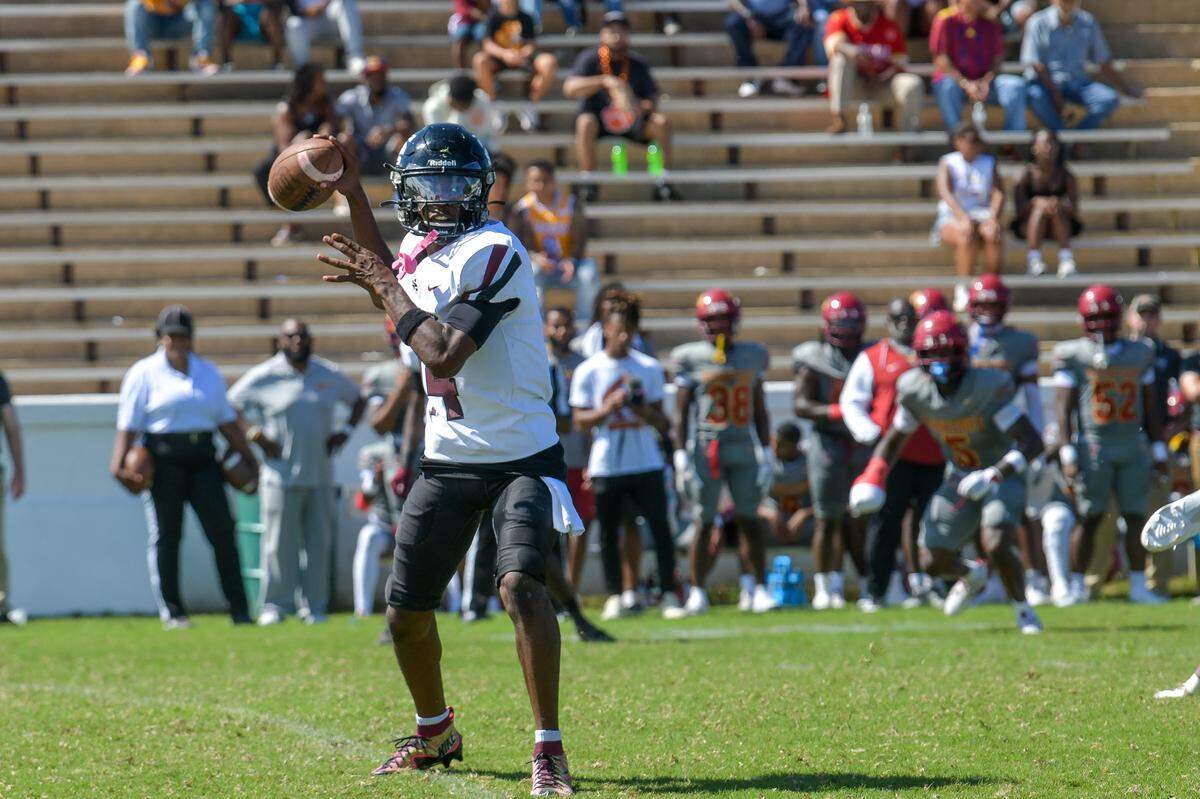 Morehouse College’s offense runs a play during the Tuskegee Morehouse Football Classic on Saturday, Oct. 5, 2024. Tuskegee won the game 42-0.