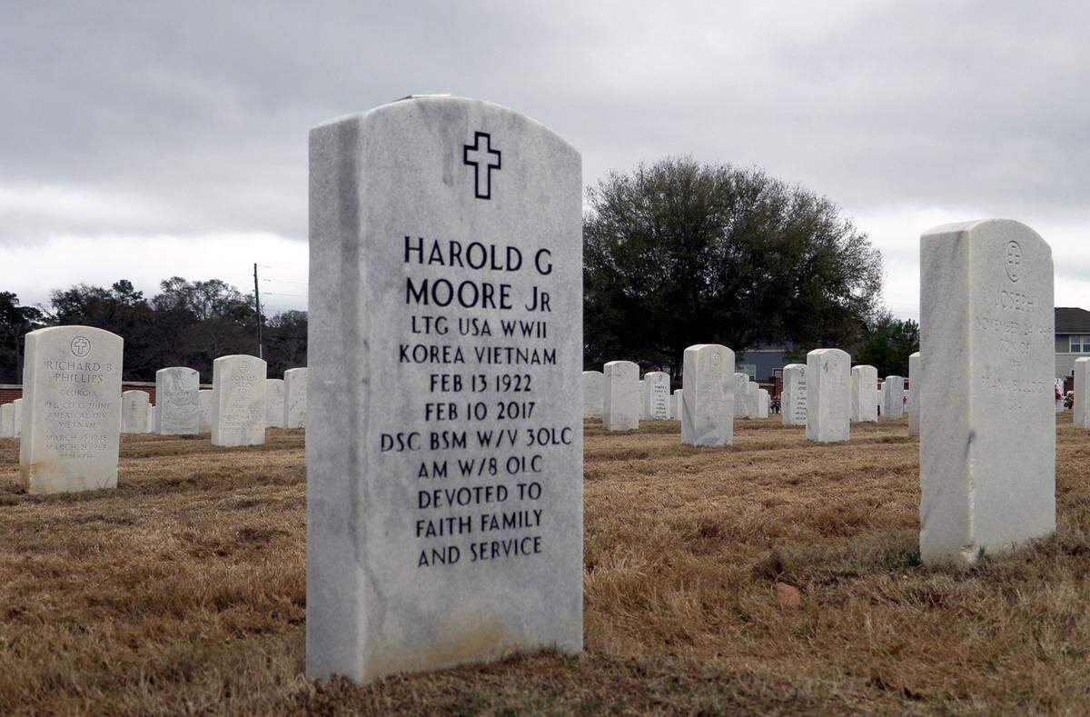 Harold G. “Hal” Moore is buried at the Fort Benning Main Post Cemetery.