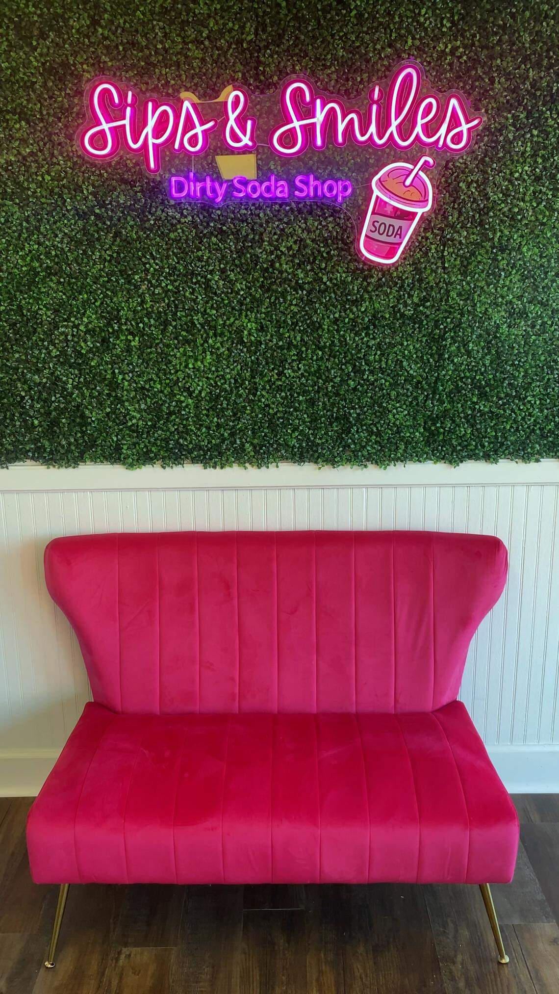 Sips & Smiles, a “dirty soda” shop that has opened at 3738 Opelika Road in Phenix City, includes an area for selfies, pictured April 13, 2026.