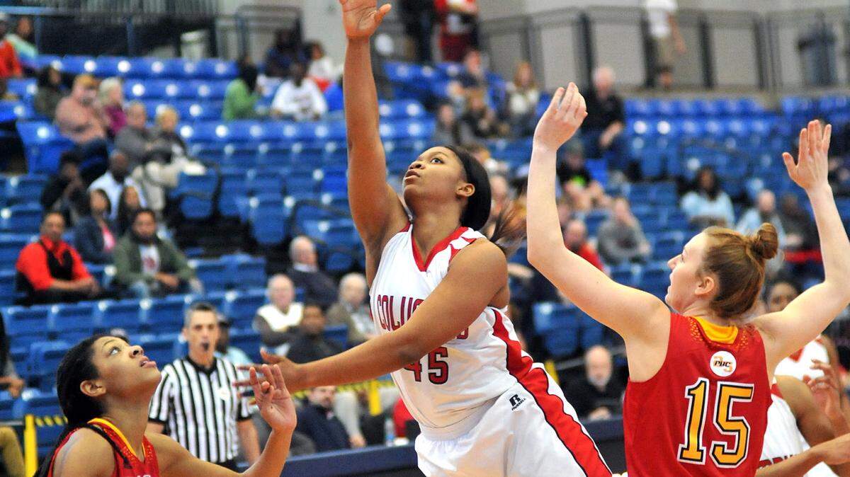 CSUís Ashley Johnson up under the net for the basket against Flagler in the 3rd period of the game Sunday afternoon during the 1st round of the Peach Belt Conference playoffs February 28, 2016