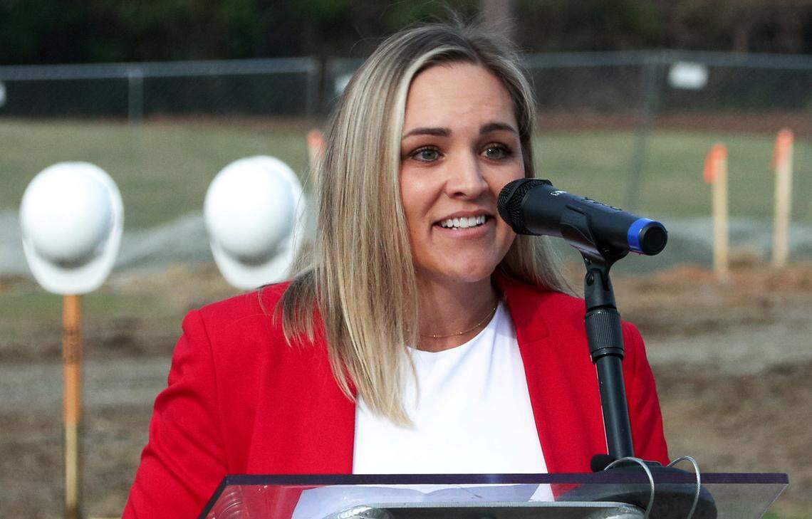 Columbus State University women’s golf head coach Kristin Culpepper speaks during a ceremonial groundbreaking program Jan. 8, 2026, to publicly launch a $3.2 million fundraising campaign for a new clubhouse at CSU’s Key Golf Studio.