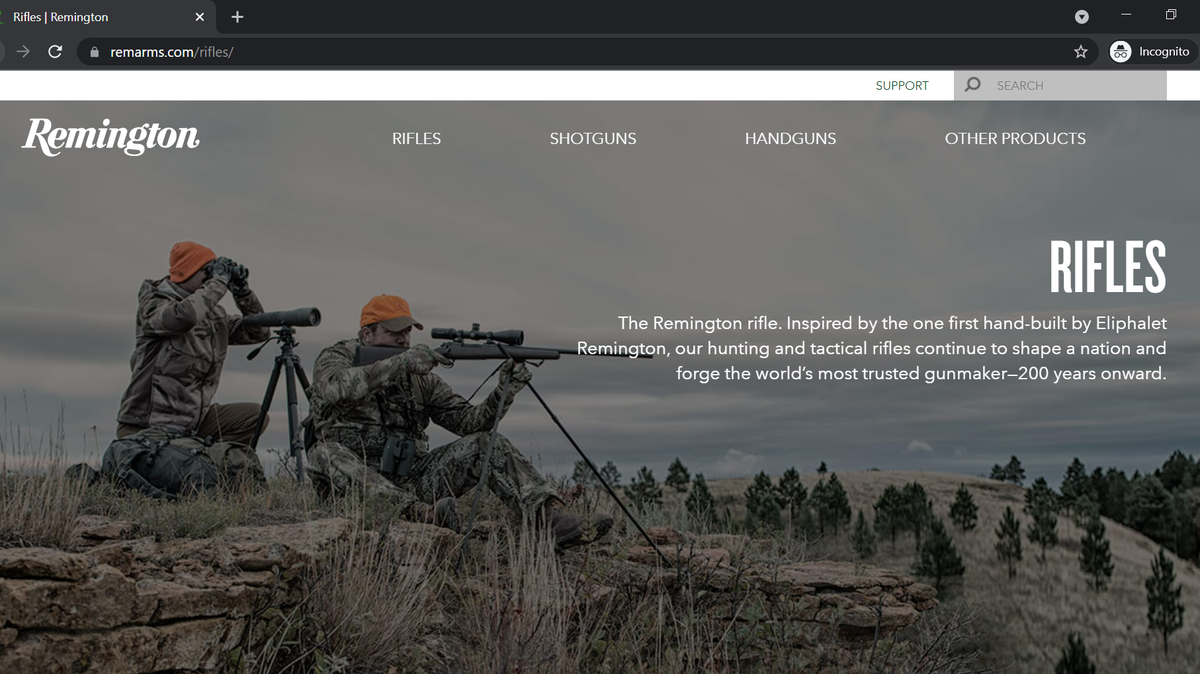 A screenshot of Remington Arms website. The gunmaker is moving its global headquarters to LaGrange, Georgia.