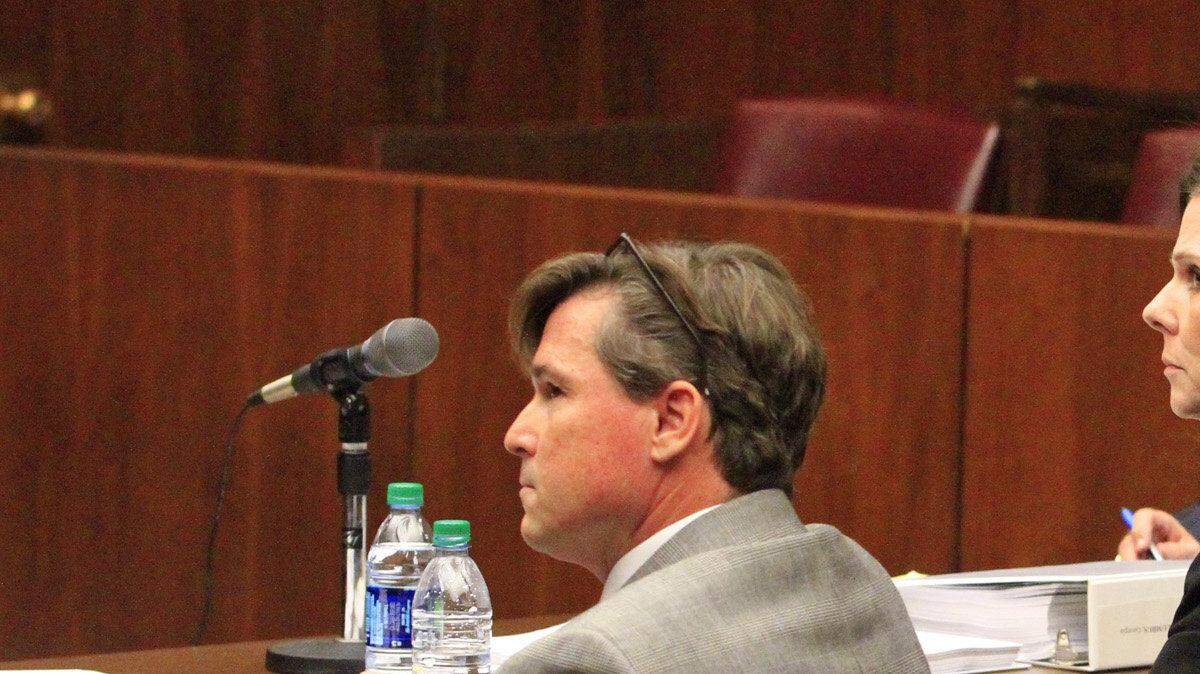 Mike Haskey mhaskey@ledger-enquirer.com
Muscogee County Sheriff John Darr,far right, and his attorneys, from left, Kerry Howell, Kellye Moore and Larry Walker listen as opposing council Carter Schondelmayer argues on behalf of the city of Columbus at a Thursday morning hearing regarding Darr's lawsuit against the city. 01/15/15