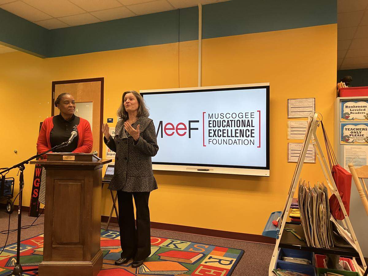 Tammy Pawloski (on the right), director of the Center of Excellence for Teachers of Children of Poverty at Francis Marion University in Florence, South Carolina, speaks during the Jan. 22, 2026, news conference at Martin Luther King Jr. Elementary School in Columbus, where the Muscogee Educational Excellence Foundation announced the Buntin Schools of Excellence program. MLK Elementary principal Felicia Thompson stands next to Pawloski. Her school is the first to implement this initiative.