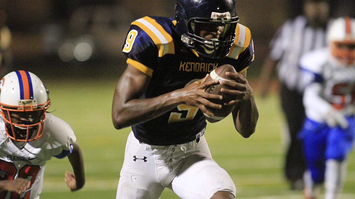Mike Haskey mhaskey@ledger-enquirer.com Kendrick wide receiver Micah Ransome runs into the endzone to score a touchdown in the fourth quarter Friday night at Kinnett Stadium against Central Macon. 11/06/15
