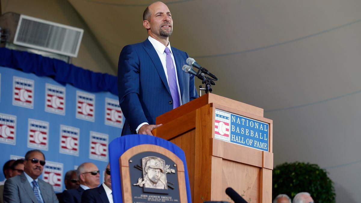 National Baseball Hall of Fame inductee John Smoltz speaks during an induction ceremony at the Clark Sports Center on Sunday, July 26, 2015, in Cooperstown, N.Y.