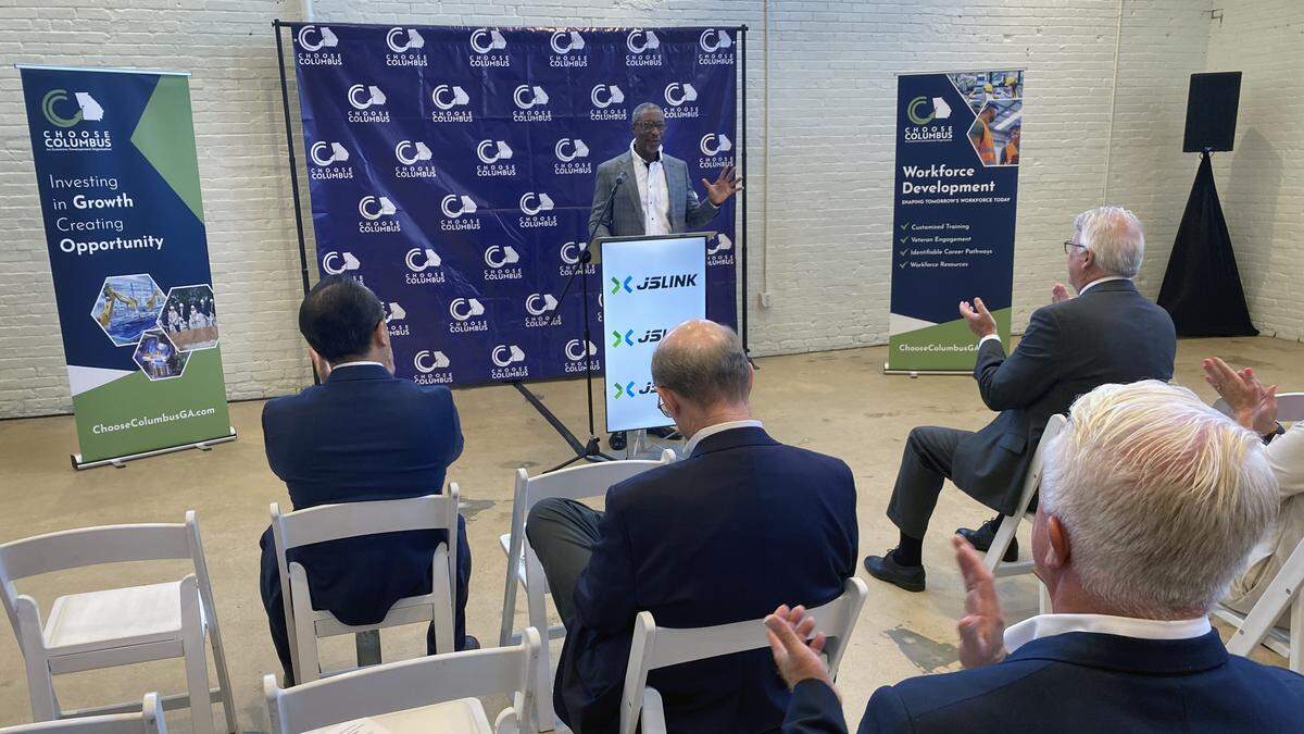 Selvin Hollingsworth, chairman of the Development Authority of Columbus, tells listeners during a Sept. 3, 2025, news conference that JS Link America Inc., a wholly owned subsidiary of JS Link, intends to invest approximately $232 million to establish a new, rare earth, permanent magnet manufacturing facility in Columbus, Georgia.