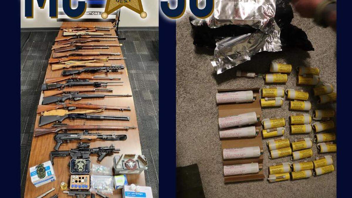 Pictured are guns and explosives seized from two active-duty soldiers during an investigation by the Muscogee County Sheriff’s office and Fort Moore’s Proactive Investigation Unit.