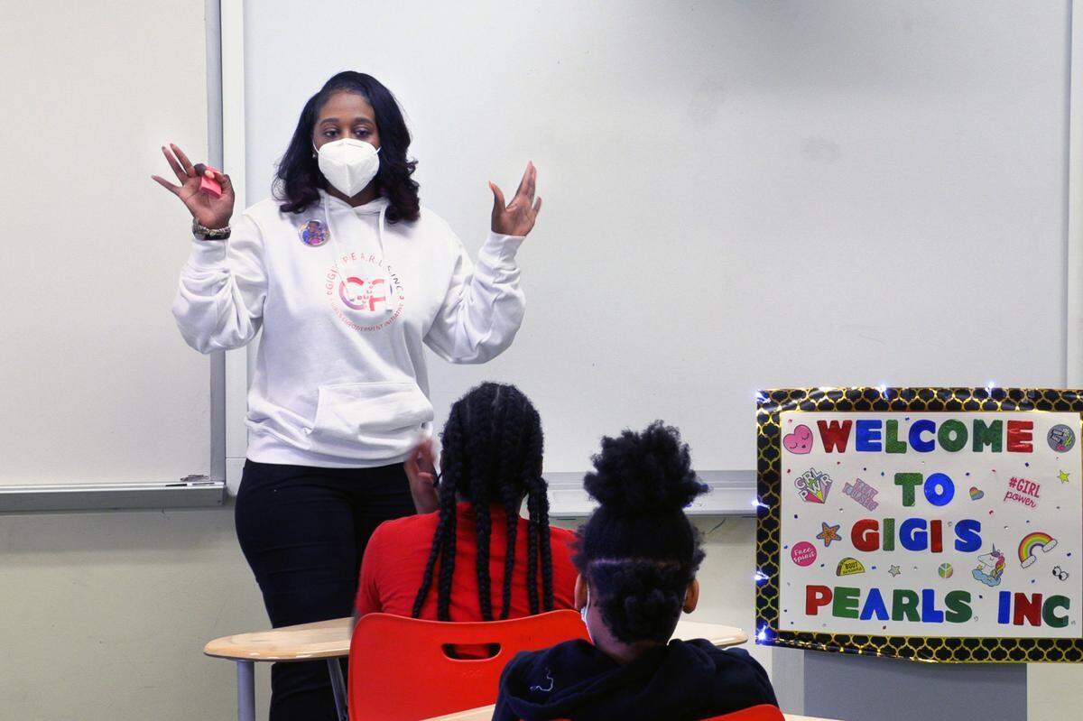 Shameika Averett, founder of Gigi’s PEARLS, Inc., speaks with students at Dorothy Height Elementary School in Columbus, Georgia. 01/14/2022