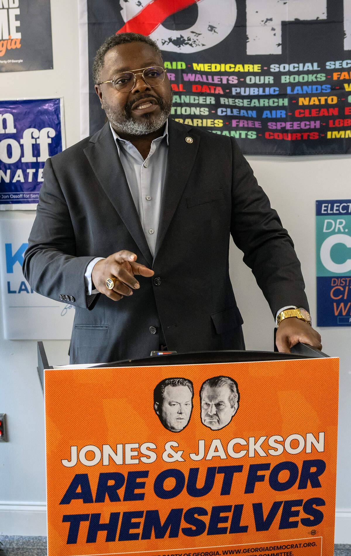 State Rep/ Teddy Reese (D-Columbus) speaks during a news conference June 8, 2026, in Columbus, starting the Georgia Democrats’ “Out for Themselves Tour,” criticizing the Republican gubernatorial runoff election candidates, Lt. Gov. Burt Jones and healthcare executive Rick Jackson.