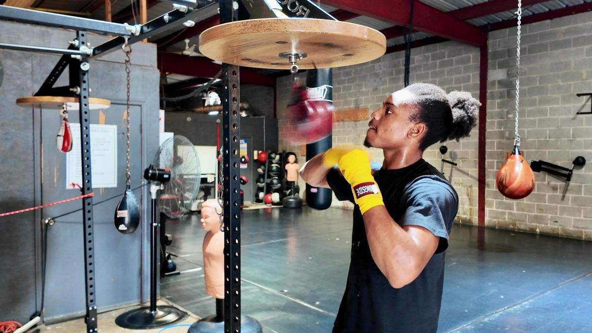 Naseia Richardson-Moore works out on a speed bag at Wright Way Fitness & Boxing in Columbus on June 11, 2025. He won the National Golden Gloves Championship in the Elite Male 154-pound weight class May 17, when he represented Columbus and the Southeast region in Tulsa, Oklahoma.