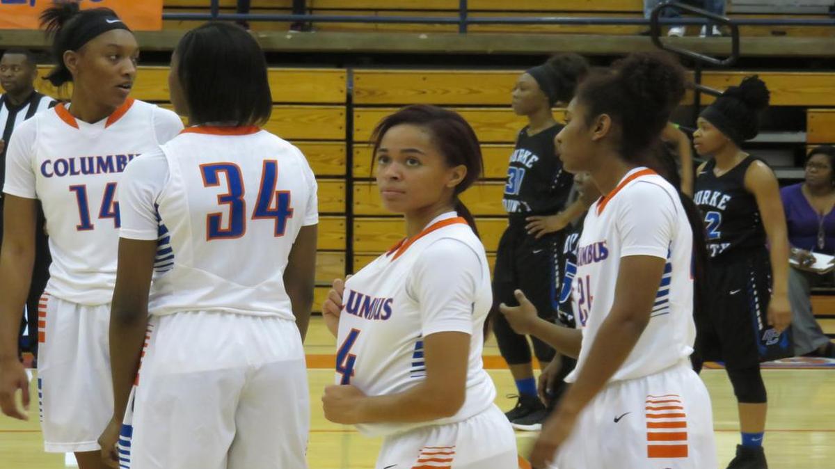 Tatyana Wyatt, Jha’Meshia Griffin, Brittany Floyd and Trinity Vasquez await technical foul shots in their game against Burke County on February 17, 2017.
