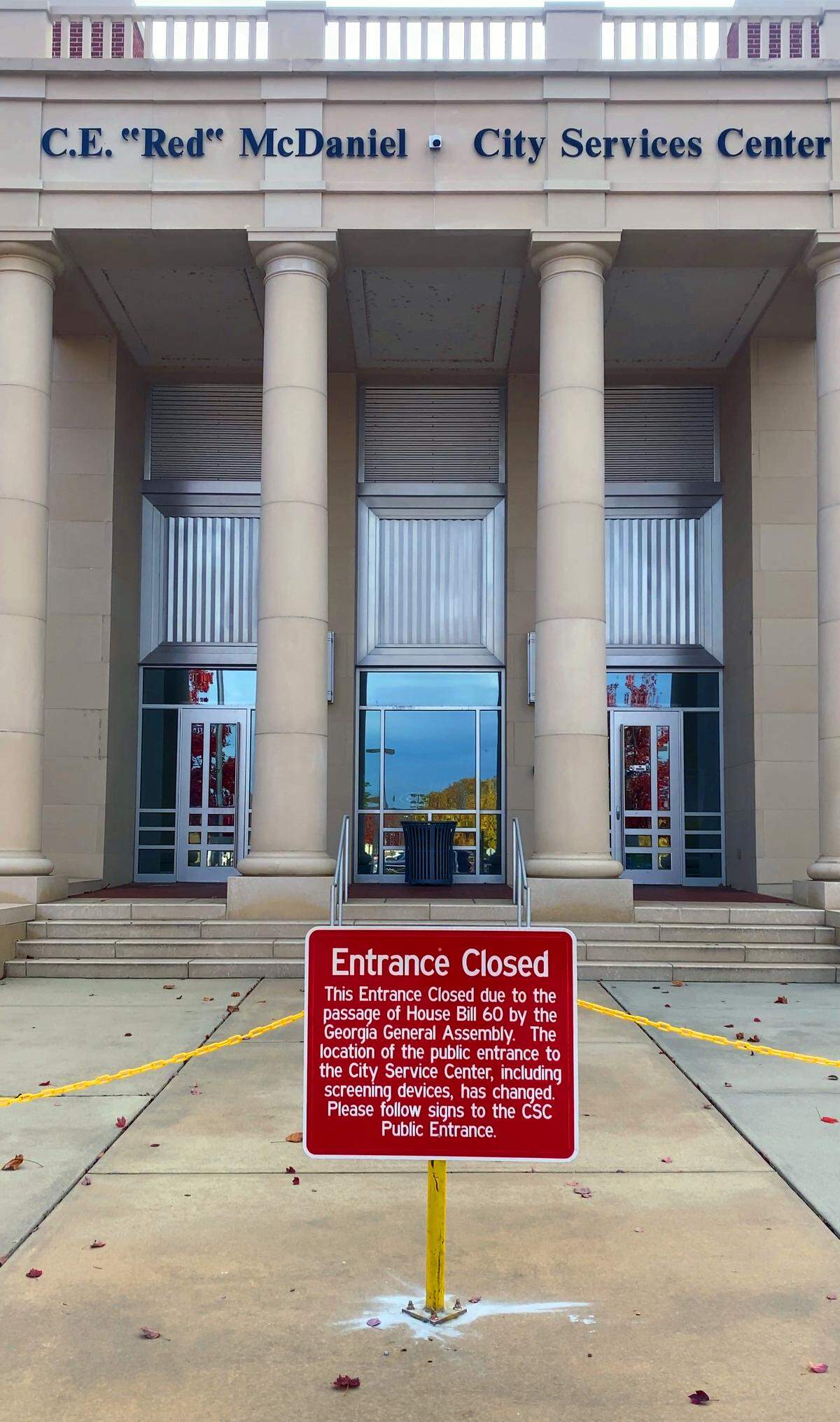 This entrance to the City Services Center, on the side of the building nearest to the Columbus Public Library, has been closed to the public.
