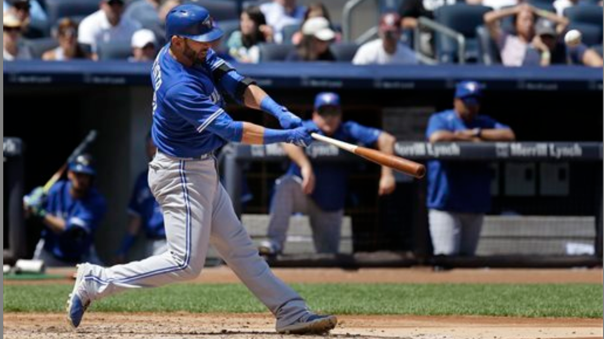 Toronto Blue Jays' Jose Bautista hits a solo home run during the fourth inning of the baseball game against the New York Yankees at Yankee Stadium, Sunday, Aug. 9, 2015, in New York.