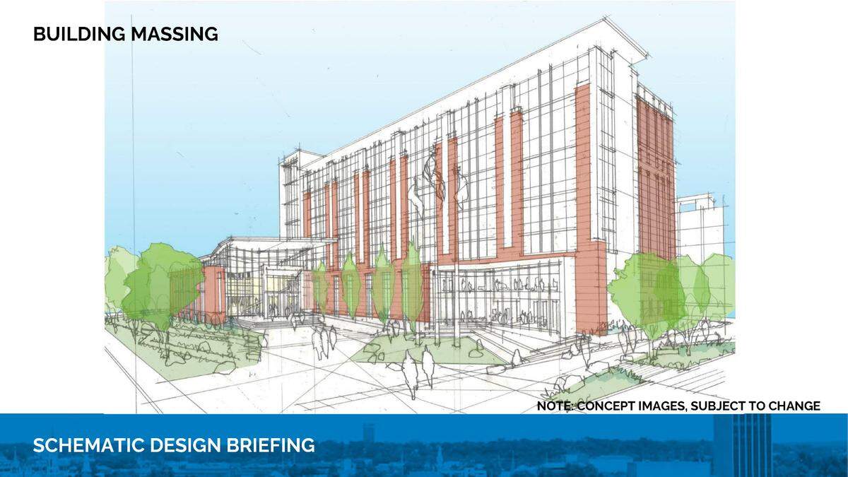 This rendering of the proposed new judicial center in Columbus, Georgia was part of a schematic design briefing presented Sept. 27, 2022.