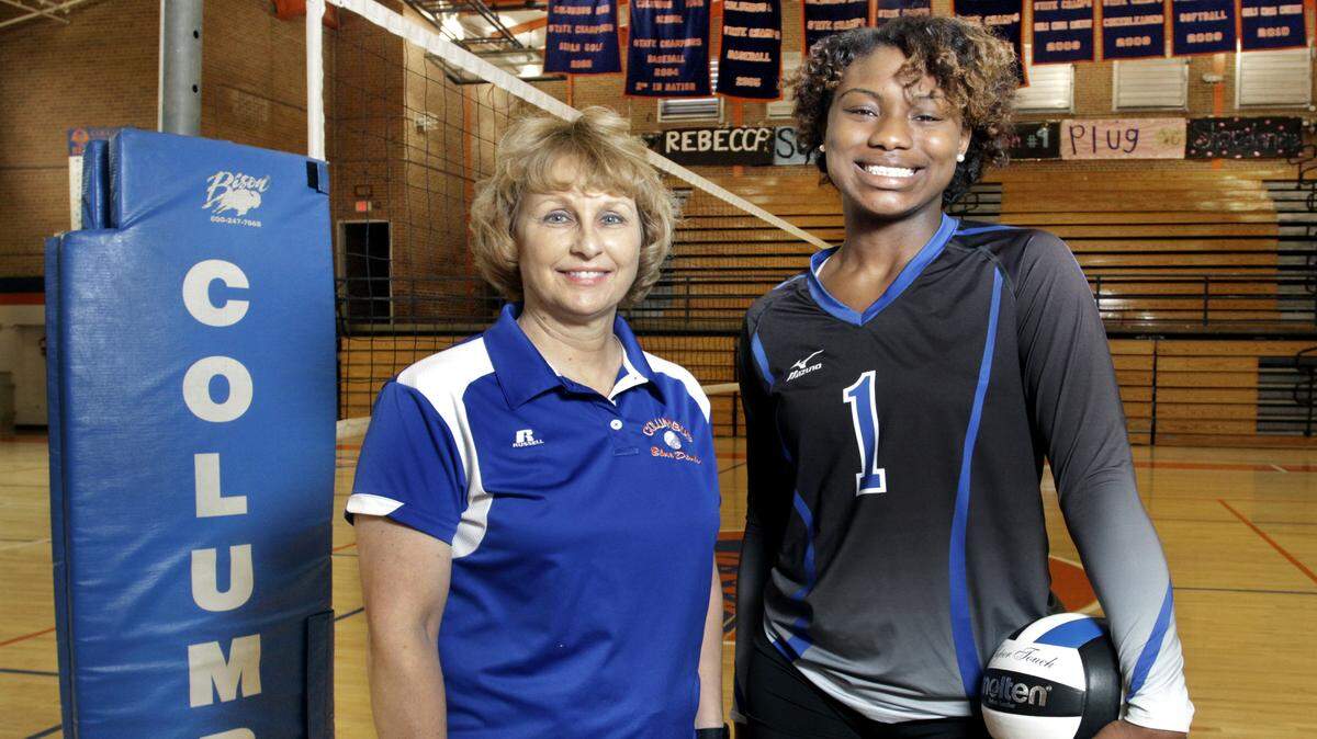 ROBIN TRIMARCHI rtrimarchi@ledger-enquirer.comAll-Bi-City volleyball Coach of the Year, Donna Fleming, left, and player of the year Shardonee Hayes of Columbus High.  11.18.15