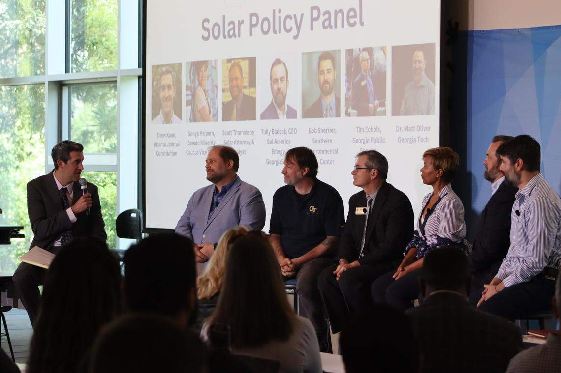 Solar Policy Panelists answer questions by moderator, Drew Kann at the “State of Solar” symposium in the Keneda building at Georgia Tech. From left to right (Drew Kann, Scott Thomasson, Dr. Matt Oliver, Tim Echols, Senator Sonya Halpern, Tully Blalock, Bob Sherrier). Jul 12, 2023.