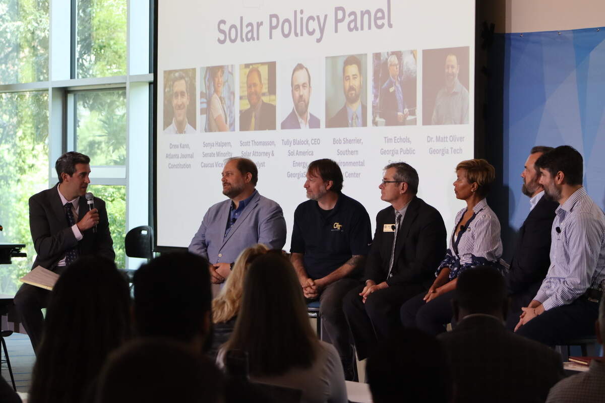 Solar Policy Panelists answer questions by moderator, Drew Kann at the “State of Solar” symposium in the Keneda building at Georgia Tech. From left to right (Drew Kann, Scott Thomasson, Dr. Matt Oliver, Tim Echols, Senator Sonya Halpern, Tully Blalock, Bob Sherrier). Jul 12, 2023.