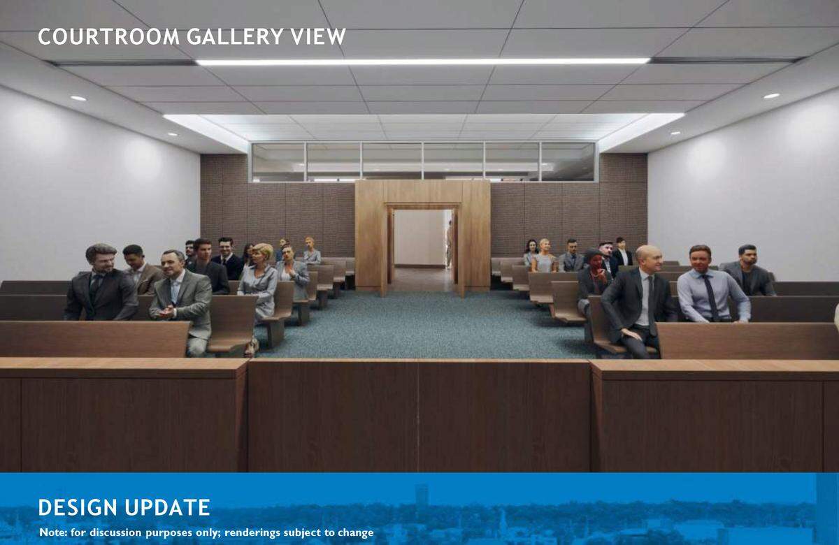 This rendering, from a design update presented to Columbus Councilors on Oct. 10, 2023, is a rendering of a proposed design for a courtroom.