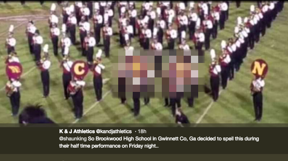 The Principal of Brookwood High in Snellville, Georgia apologized after the marching band spelled a racist slur. Letters on sousaphones spelled a racial slur and students were disciplined, according to the principal. The slur has been censored here.