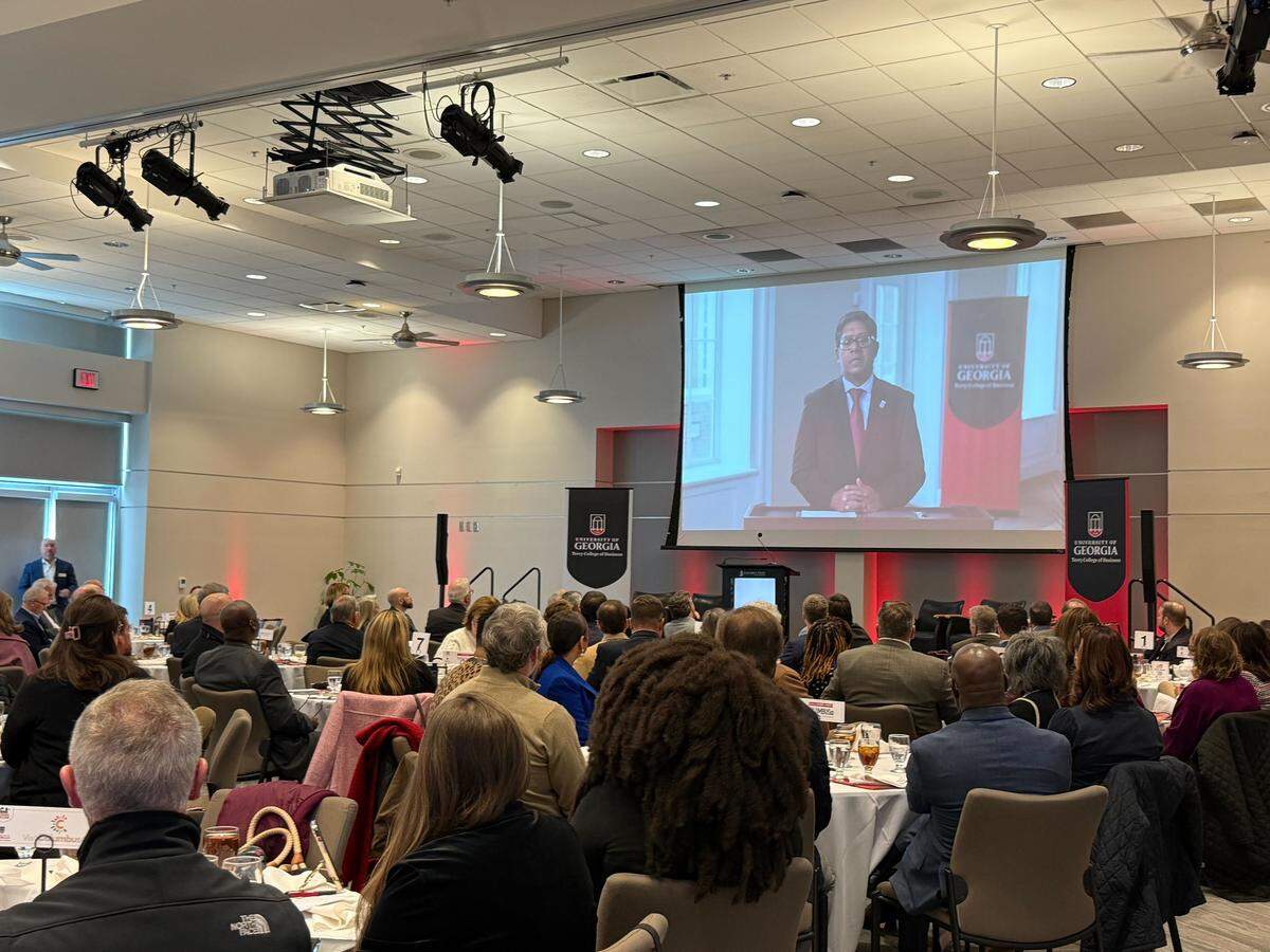 Santanu Chatterjee, interim dean of the University of Georgia’s Terry College of Business, gives the statewide forecast at the annual Georgia Economic Outlook in the Cunningham Conference Center at Columbus State University on Jan. 27, 2026.