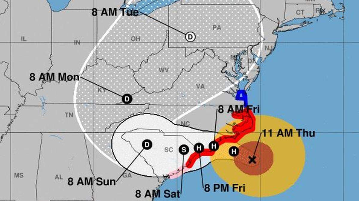 This map from the National Hurricane Center shows the projected path of Hurricane Florence as of the 11 a.m. Thursday update. The storm’s path has changed once again, with it expected to move west, then curve northwest as a tropical storm, following by transition to a tropical depression and movement to the northeast.