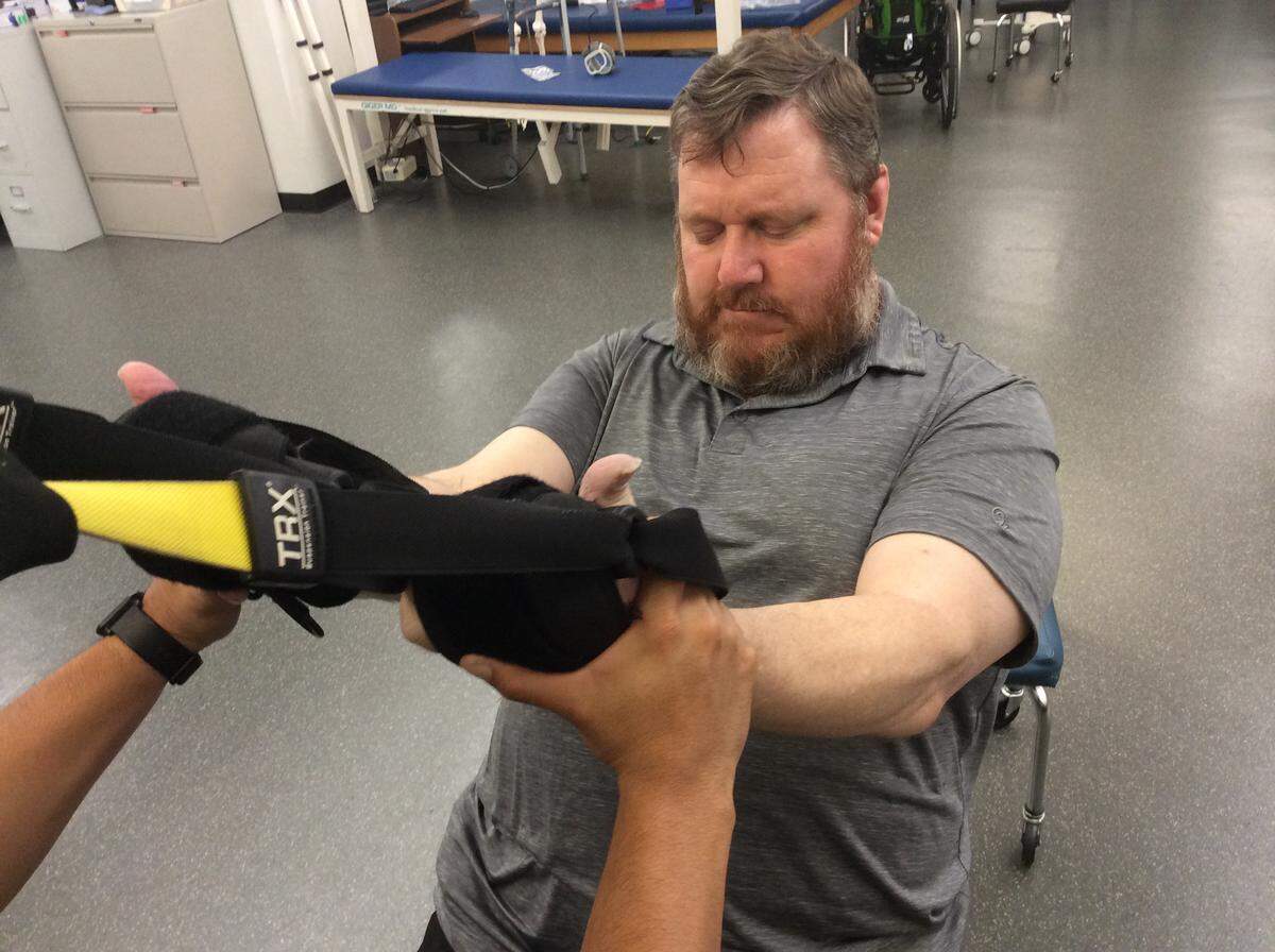 Columbus chef and restaurateur Mark Jones doing upper body workouts at the Shepherd Center in Atlanta May 29. It’s been more than a year since Jones was paralyzed in a car accident, and he hopes to soon be back in the kitchen soon.