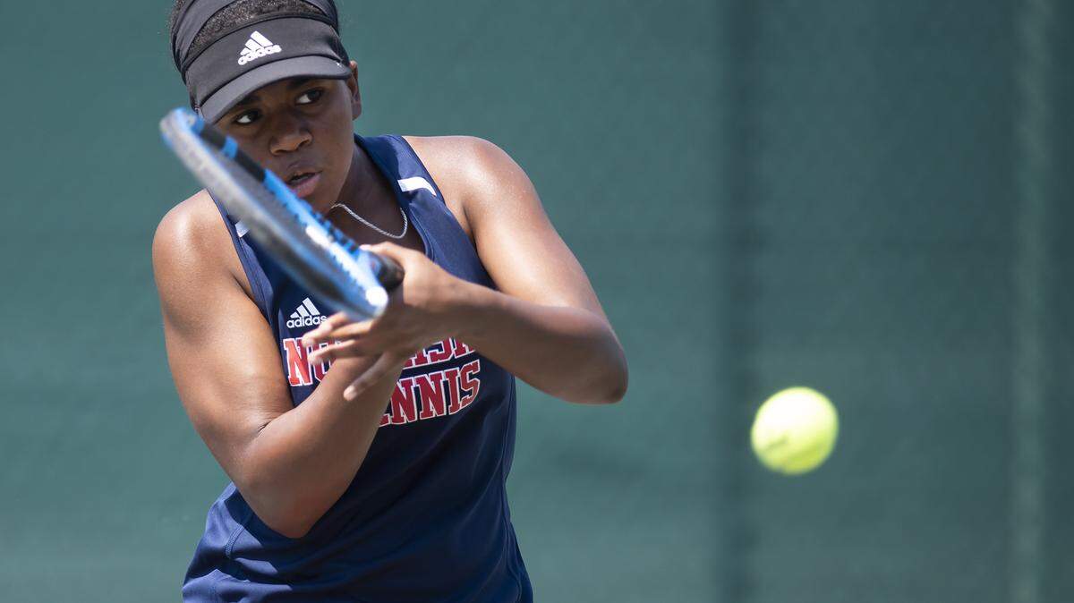 Northside High School tennis player Maya Boynton competes against Druid Hills’ Sabina Iqubal in the first round of the GHSA AAAA state tennis playoffs Tuesday afternoon at Cooper Creek Tennis Center in Columbus, Georgia.