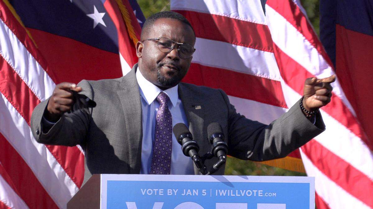 Daniel Blackman speaks during a campaign rally in Columbus, Georgia on Dec. 21, 2020.