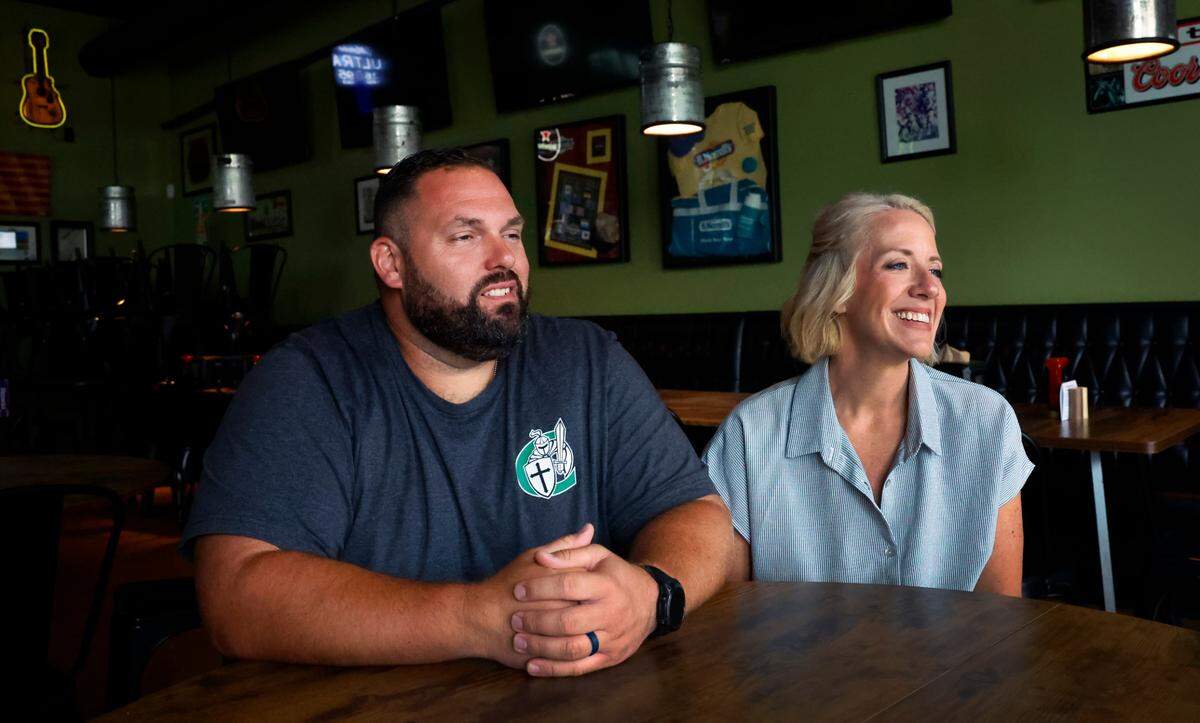 LynnAnn and Jason Chamberlin, owners of B. Merrell’s, talk July 23, 2025, about the restaurant’s new location, 6835 Midland Commons Blvd. in Columbus.