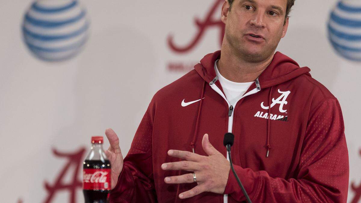 Alabama offensive coordinator Lane Kiffin talks with the media before the Fan Day football practice Aug 9 at the Naylor-Stone Media Suite in Tuscaloosa, Ala. (Vasha Hunt/AL.com via AP)