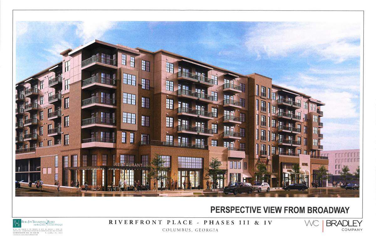 This architectural rendering of phases three and four of W.C. Bradley’s Riverfront Place development in Columbus, Georgia shows a perspective view from Broadway.