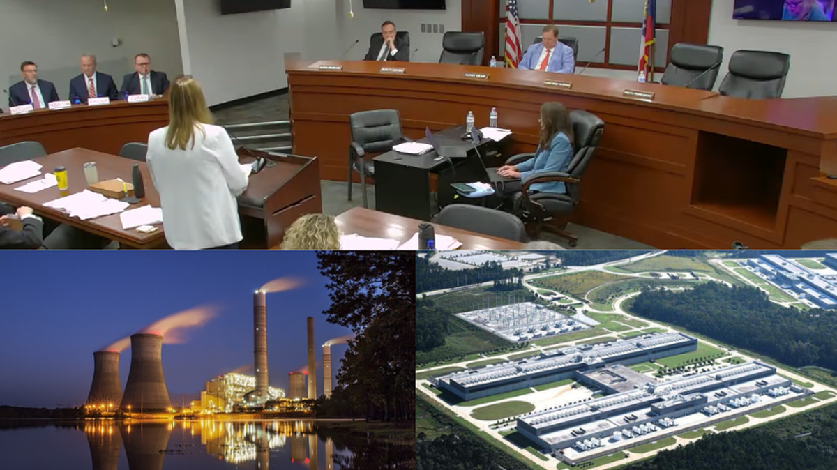 In this photo montage, at the top, Southern Environmental Law Center lawyer Jennifer Whitfield cross examines four Georgia Power employees while Georgia Public Service Commissioners listen during the FCR-27 hearing, at the bottom left, Georgia Power’s Plant Scherer burning coal at night, and, at the bottom right, Meta’s Stanton Springs Data Center in Newton County.
