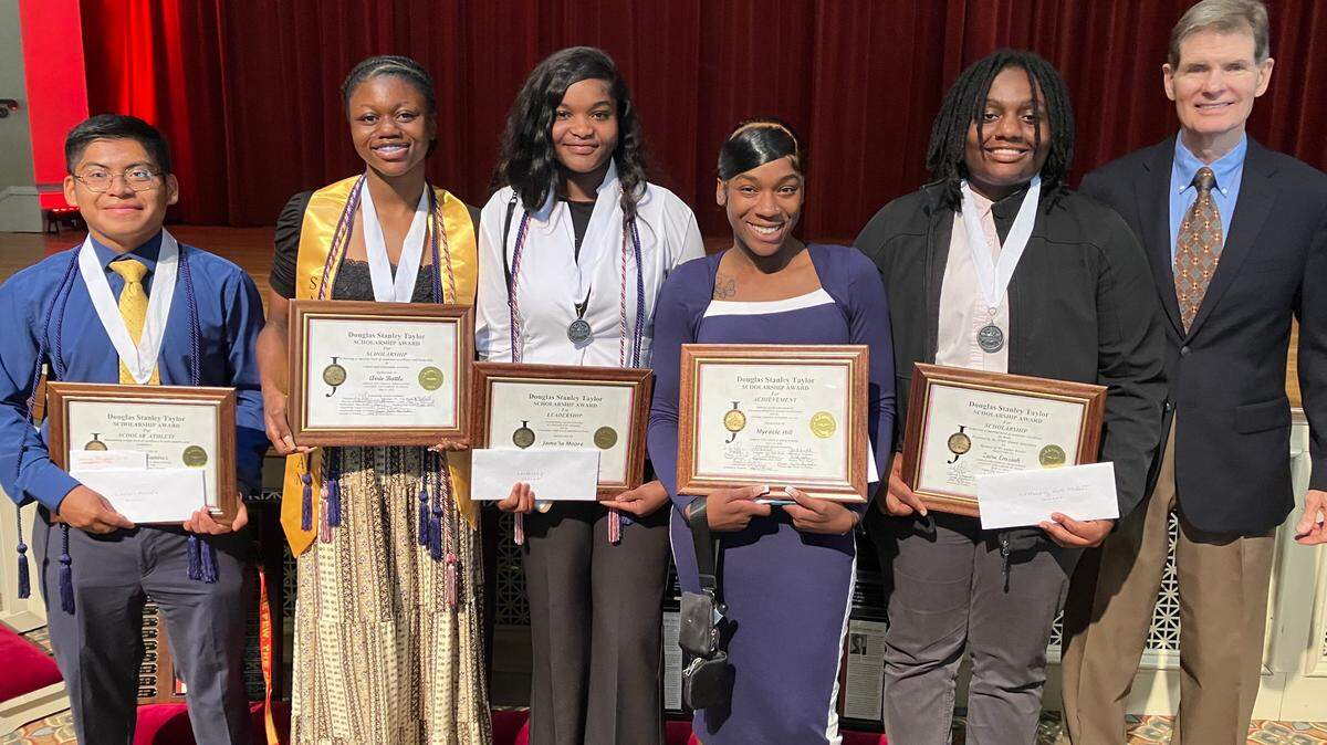 The Douglas Stanley Taylor Scholarship 2025 winners are, from left, Jordan Vocational High School seniors Elias Ramirez (scholar athlete), Arrie Battle (scholarship), Jame’la Moore (leadership), Myracle Hill (achievement) and Zaire Emziah (outstanding math student), along with scholarship fund co-trustee Ron Richardson, pictured during the JVHS Senior Luncheon at the St. Luke Ministry Center in Columbus on May 15, 2025.