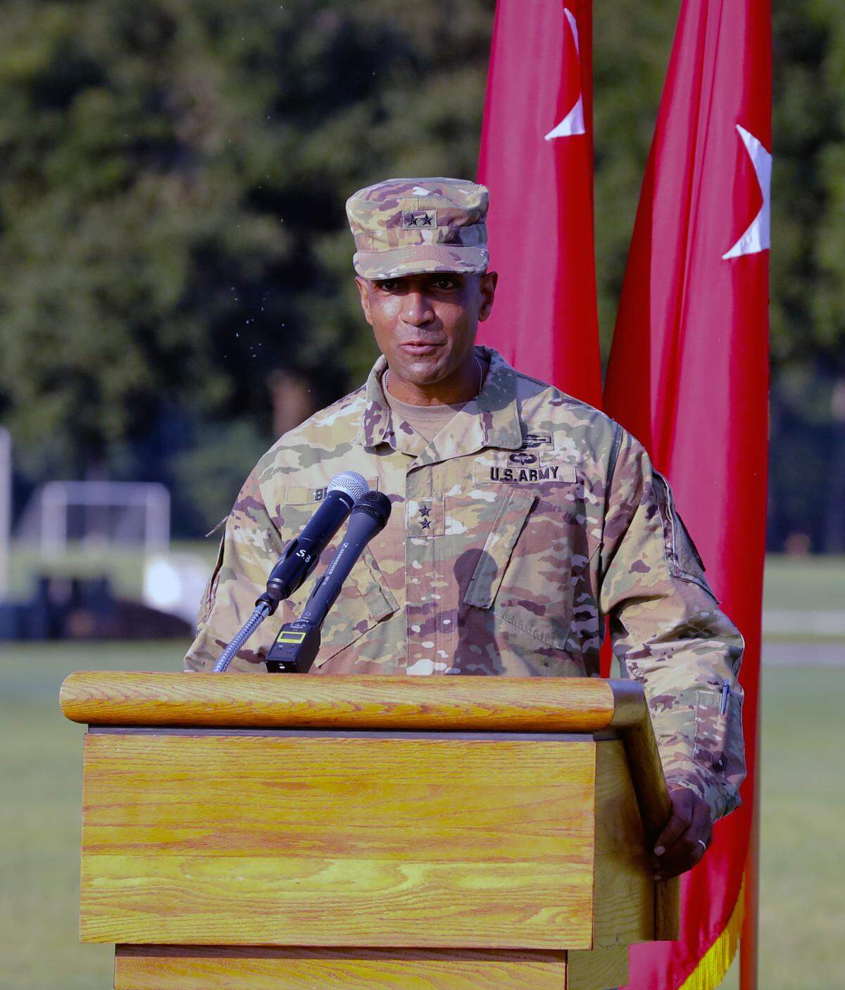 Maj. Gen. Gary M. Brito addresses the audience assembled for the change of command ceremony July 17, 2020 on Fort Benning’s York Field.