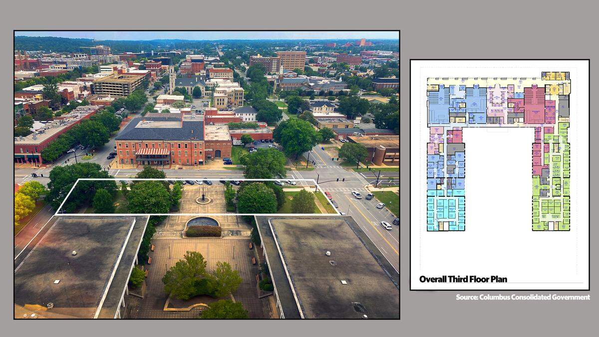This photo and floor plan illustrate how the existing Government Center wings would connect to a new, eight-story building bordering 10th Street, across from the Springer Opera House.