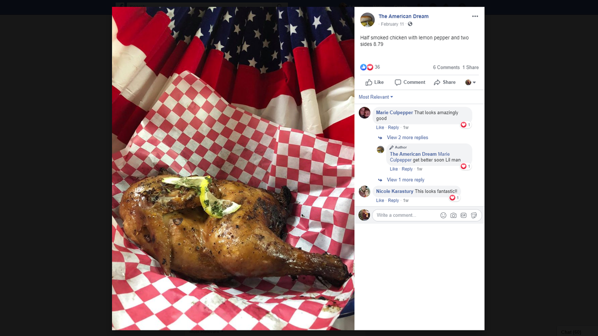 The American Dream, a barbecue restaurant in Smiths Station, has closed, according to a post on its Facebook page. Shown here is a half smoked chicken with lemon pepper.