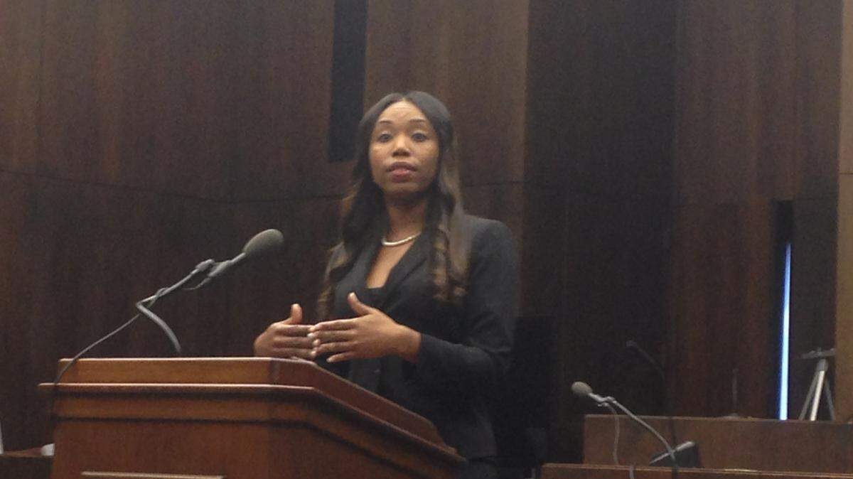 Attorney Katonga Wright, managing partner of the Wright Legal Group, unveils the new Muscogee County Jail Project Thursday at a community meeting held in the chambers of Superior Court Judge Gil McBride.