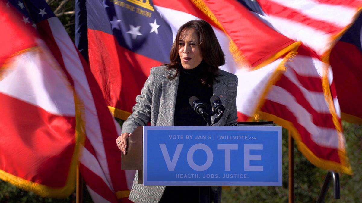 U.S. Vice President-elect Kamala Harris campaigns in Columbus, Georgia on January 21, 2020 for Raphael Warnock and Jon Ossoff.