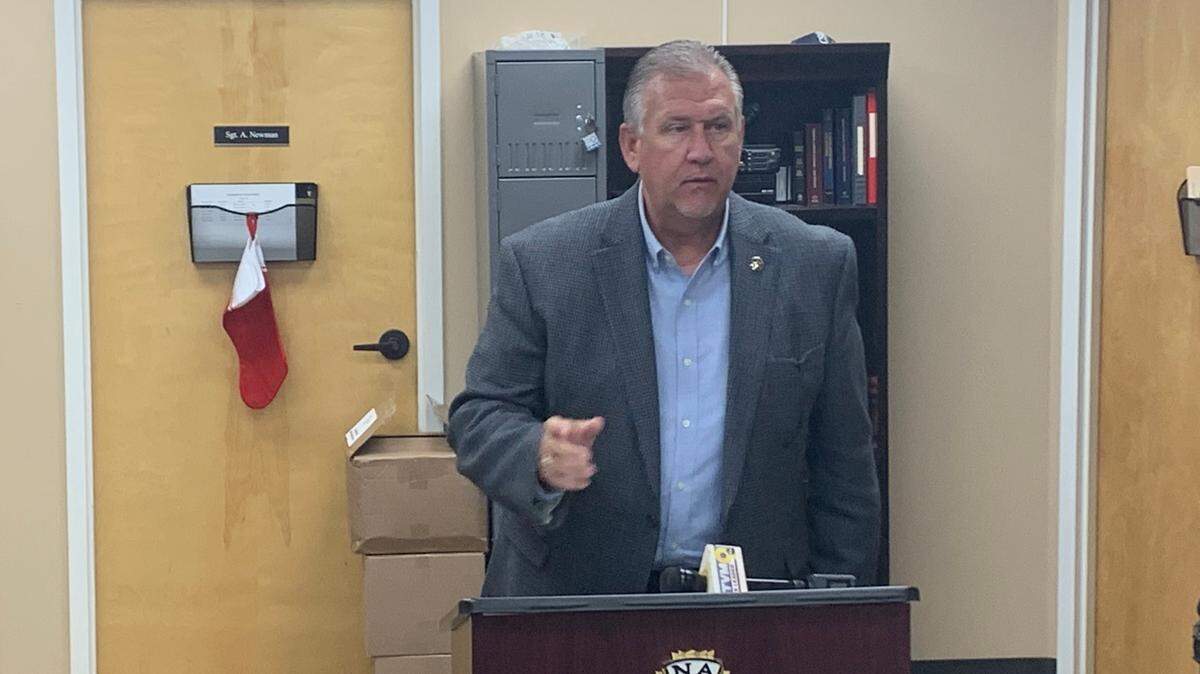 A photograph of Russell County Sheriff Heath Taylor addressing the media during a press conference Friday concerning Michelle Whitaker Hough who went missing from Russell County on Sunday.
