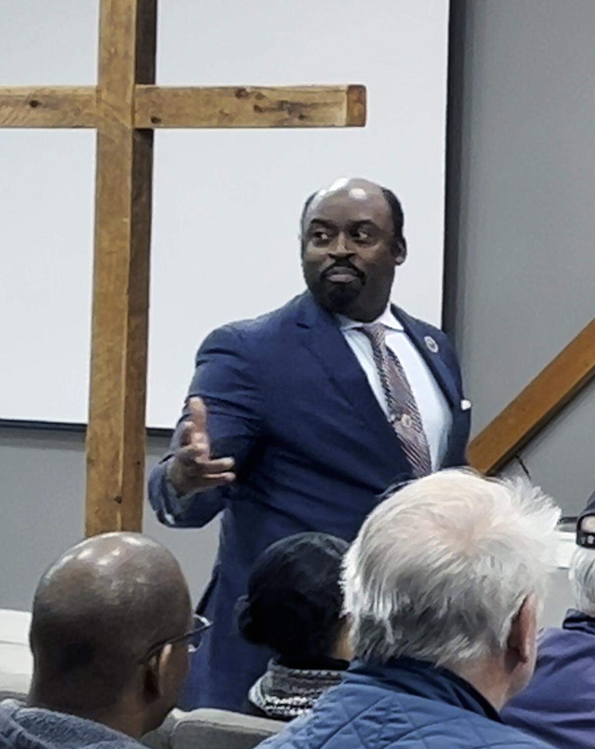 Dr. Marlon Scott speaks during a recent public meeting about Proterra’s proposal to rezone and development 115.56 acres of land at 5201 Macon Rd. in Columbus, Georgia.