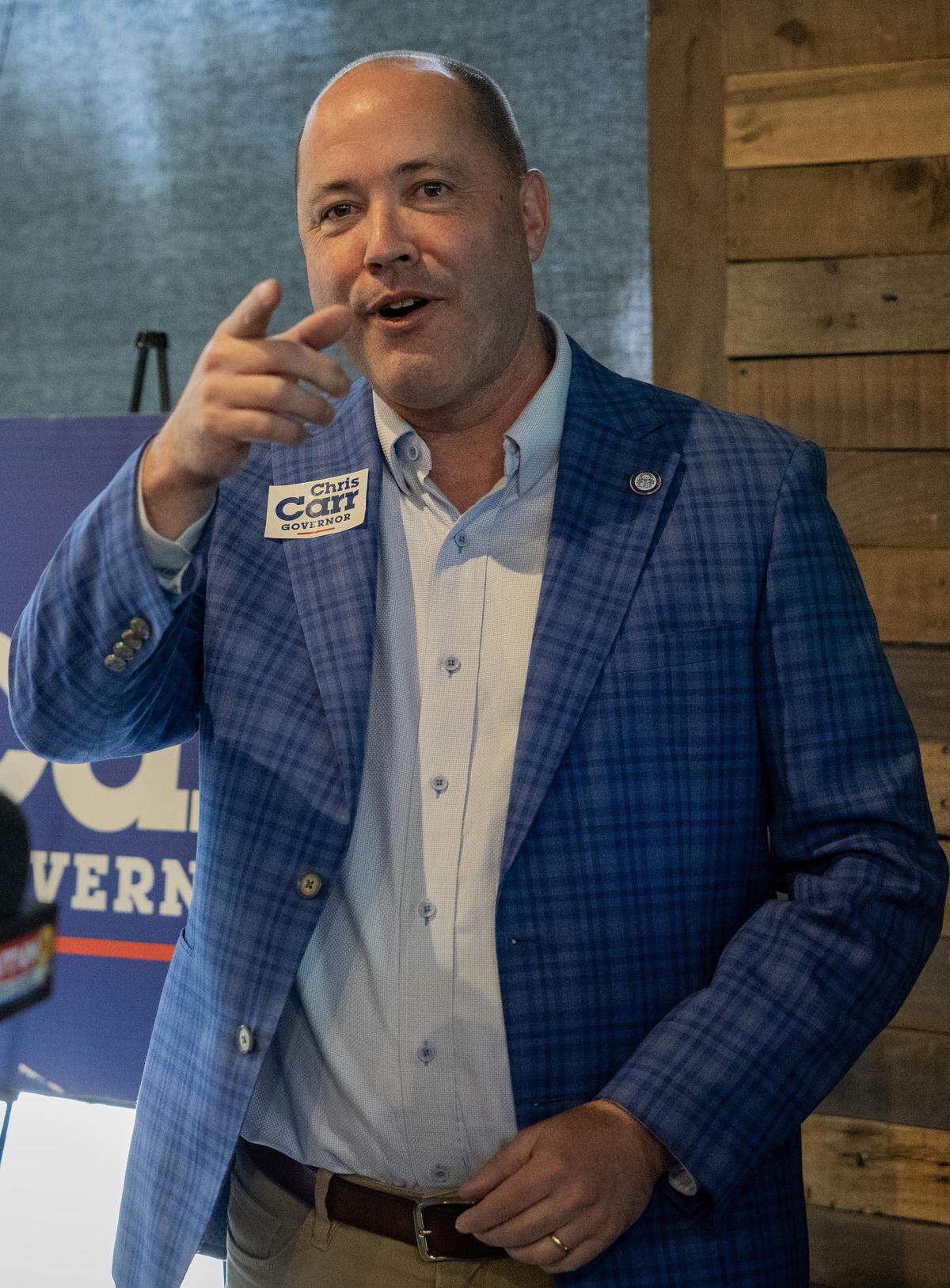 Georgia Attorney General and Republican gubernatorial candidate Chris Carr makes a campaign stop May 13, 2026, in Columbus at The Office Sports Bar & Grill.