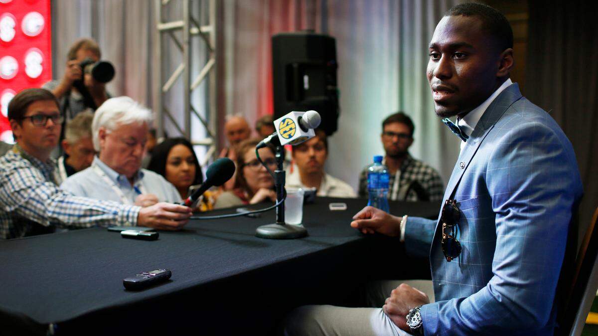 Georgia defensive back J.R. Reed speaks with the media during the NCAA college football SEC Media Days, Tuesday in Atlanta.