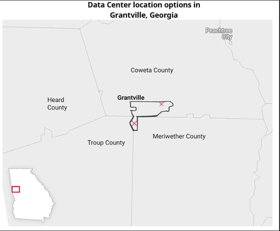 Grantville is in Coweta County, but lies near the boundary of Meriwether and Troupcounties . The red X’s indicate two current locations shared by the city that could be used for data centers.