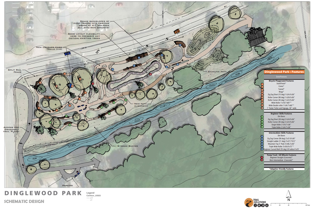 Schematic design of the MidTown Children’s Bicycle Playground at Dinglewood Park. Weracoba Creek trash trap is located about halfway through the creek that runs through through Dinglewood.